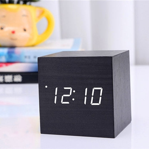 FreshFusion LED Teak Cube Alarm Clock