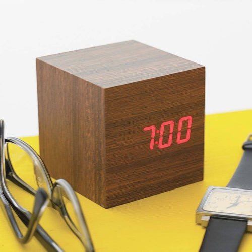 FreshFusion LED Teak Cube Alarm Clock