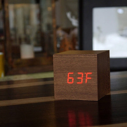 FreshFusion LED Teak Cube Alarm Clock