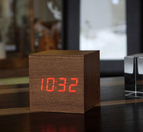 FreshFusion LED Teak Cube Alarm Clock
